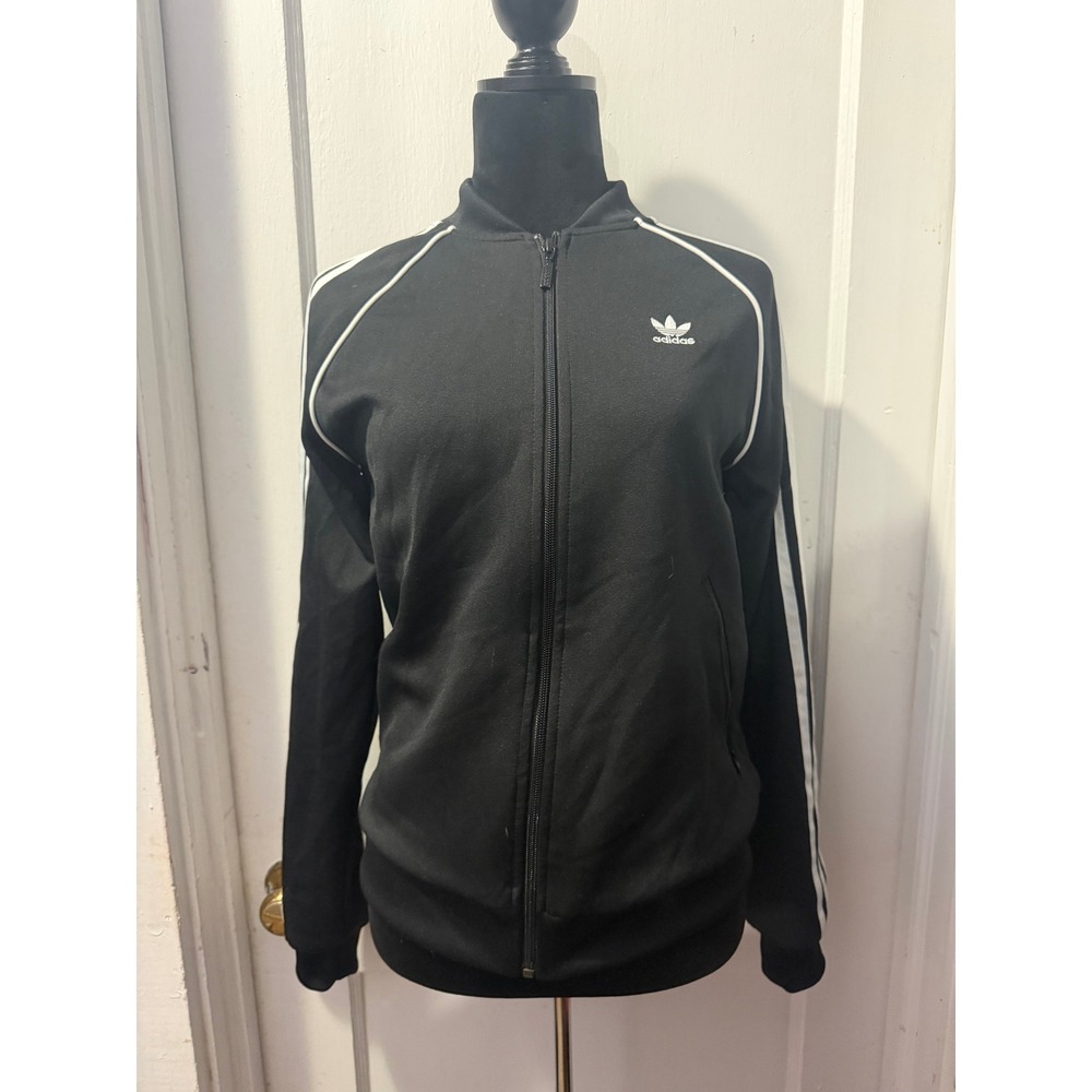 Adidas Originals Womens Black White Striped Trefoil Zip Up Track Jacket Small